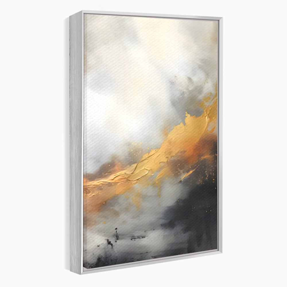 Tablou canvas cu pictura abstracta cu tusa aurie si tonuri gri, in rama de aluminiu argintiu